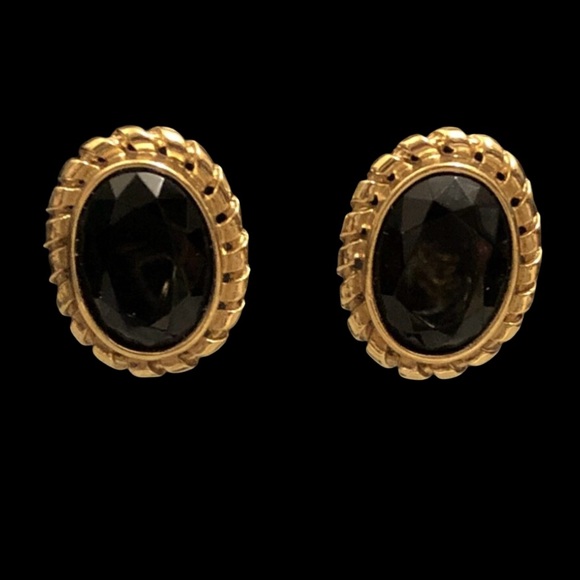 Vintage Givenchy Paris Goldtone And Faceted Black Cabochon Clip Earrings